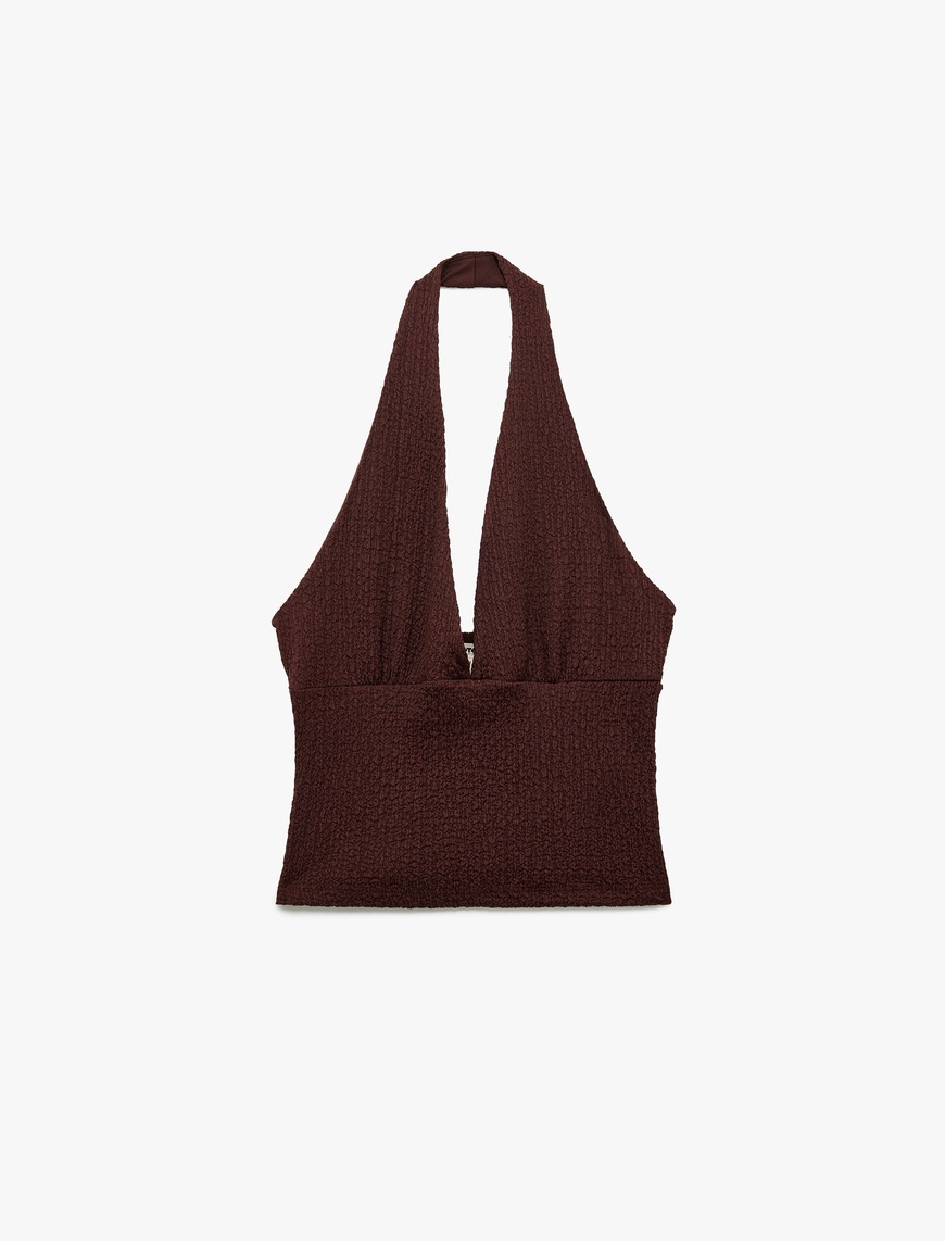   Bürümcük Kumaş Dokulu Slim Fit Sırt Dekolteli Halter Yaka Bluz