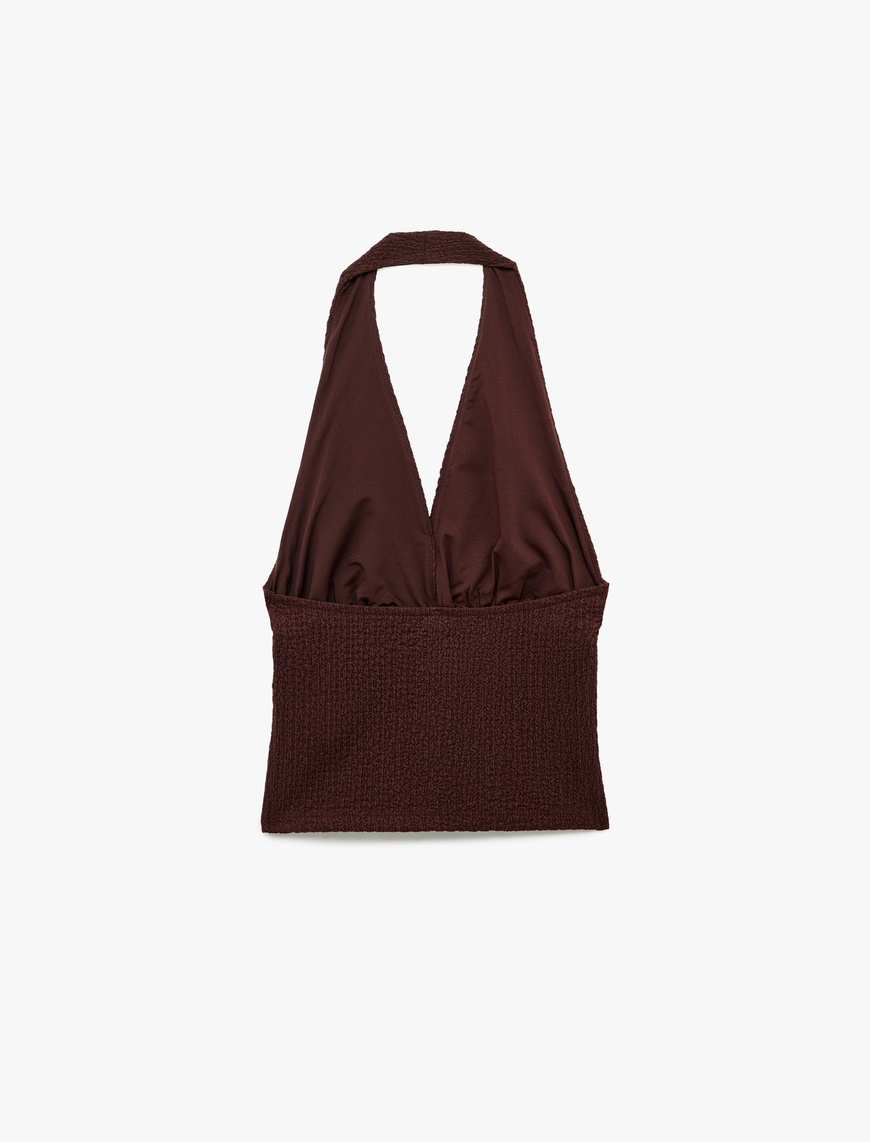   Bürümcük Kumaş Dokulu Slim Fit Sırt Dekolteli Halter Yaka Bluz