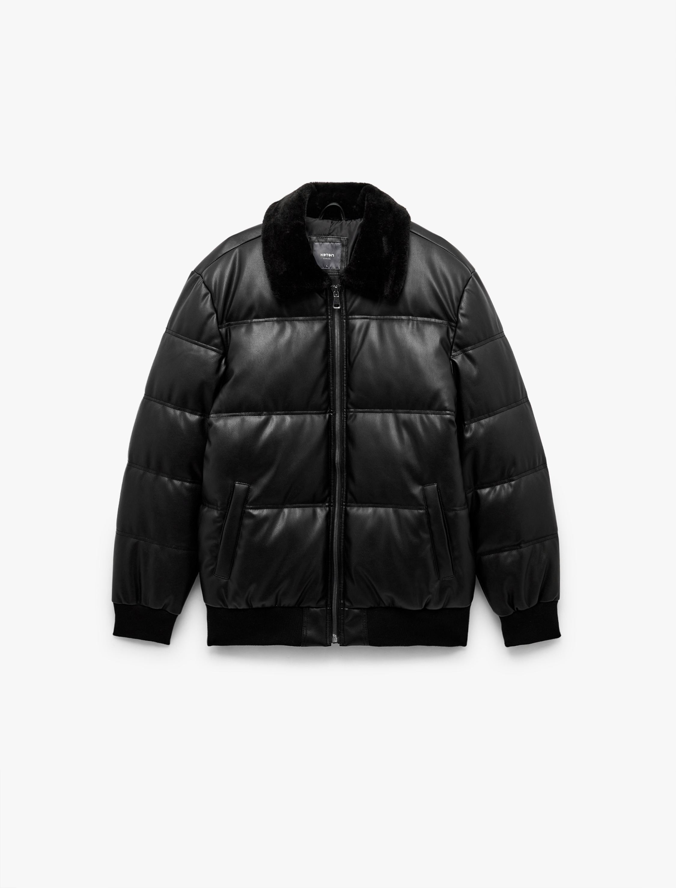   Cep Detaylı Peluş Yaka Fermuarlı Kışlık Şişme Mont