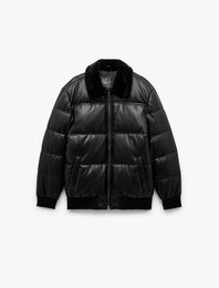 Cep Detaylı Peluş Yaka Fermuarlı Kışlık Şişme Mont