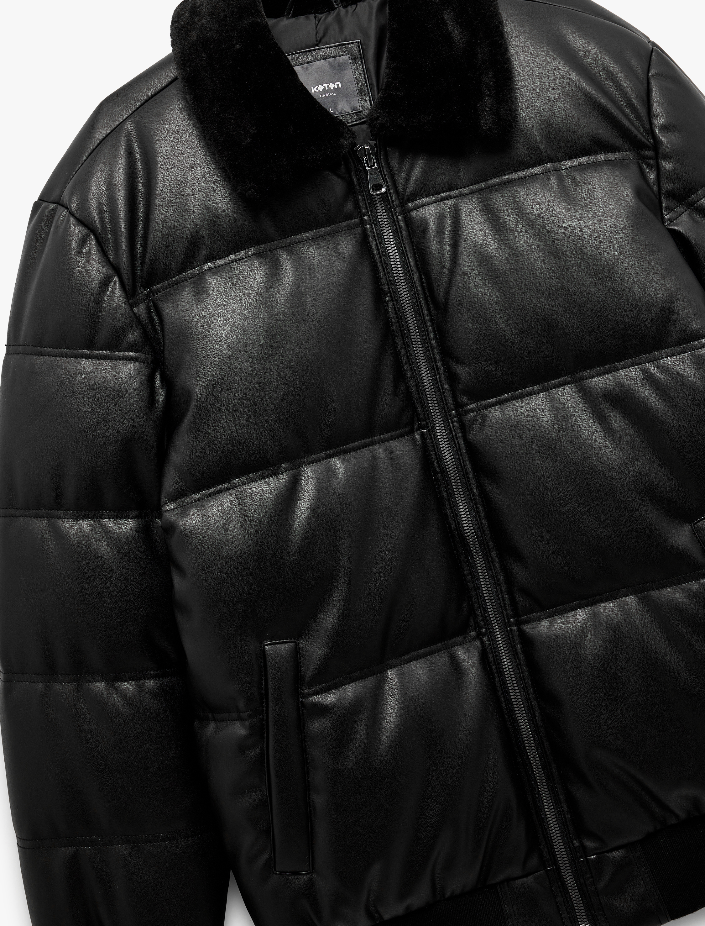   Cep Detaylı Peluş Yaka Fermuarlı Kışlık Şişme Mont