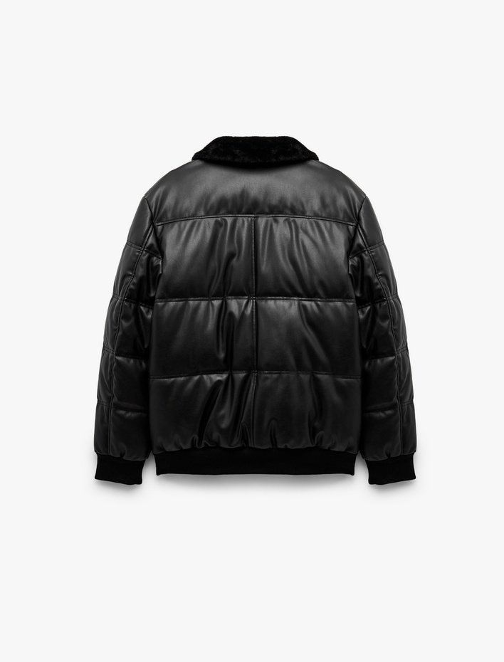  Cep Detaylı Peluş Yaka Fermuarlı Kışlık Şişme Mont