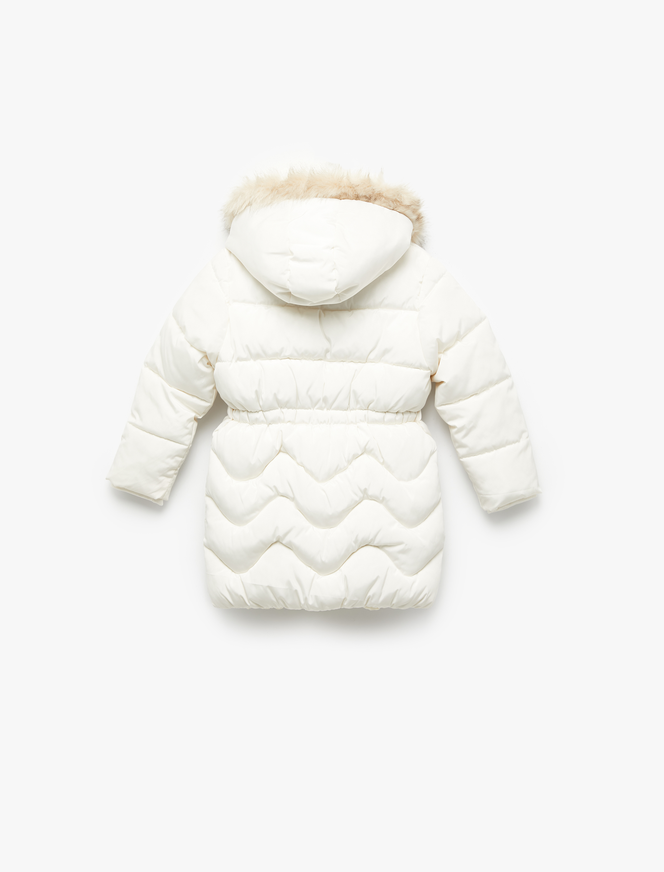  Kız Çocuk Uzun Kollu Peluş Detaylı Kapşonlu Fermuarlı Şişme Mont