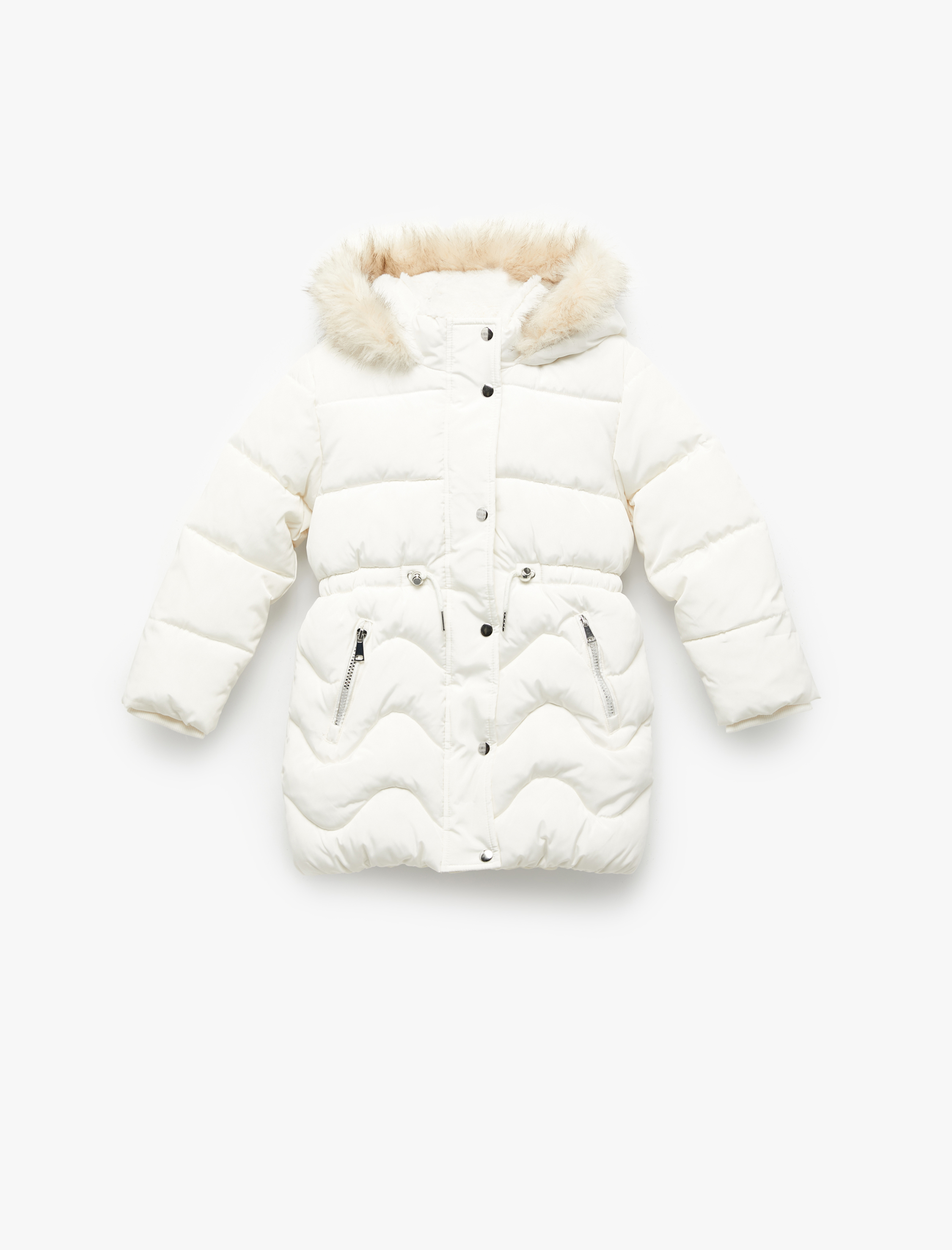  Kız Çocuk Uzun Kollu Peluş Detaylı Kapşonlu Fermuarlı Şişme Mont