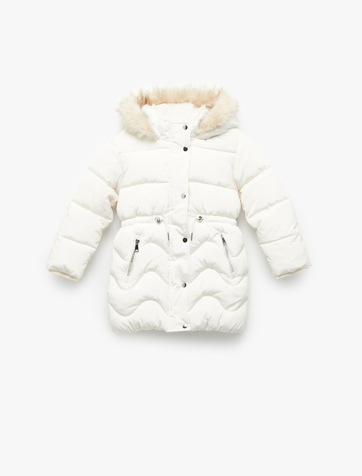 Kız Çocuk Uzun Kollu Peluş Detaylı Kapşonlu Fermuarlı Şişme Mont