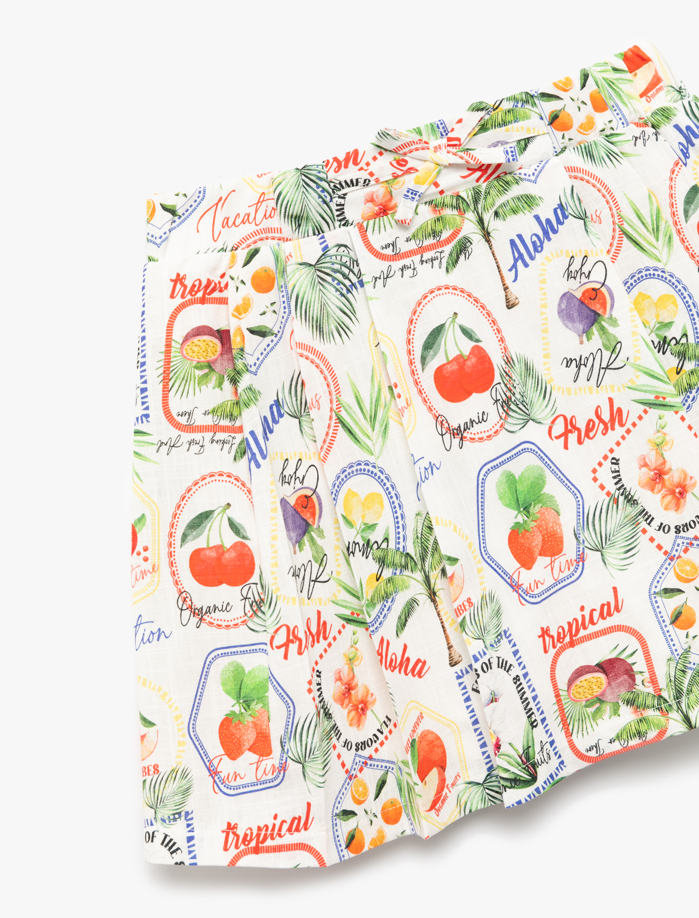 Kız Çocuk Pileli Meyve Desenli Fiyonklu Pamuklu Etek