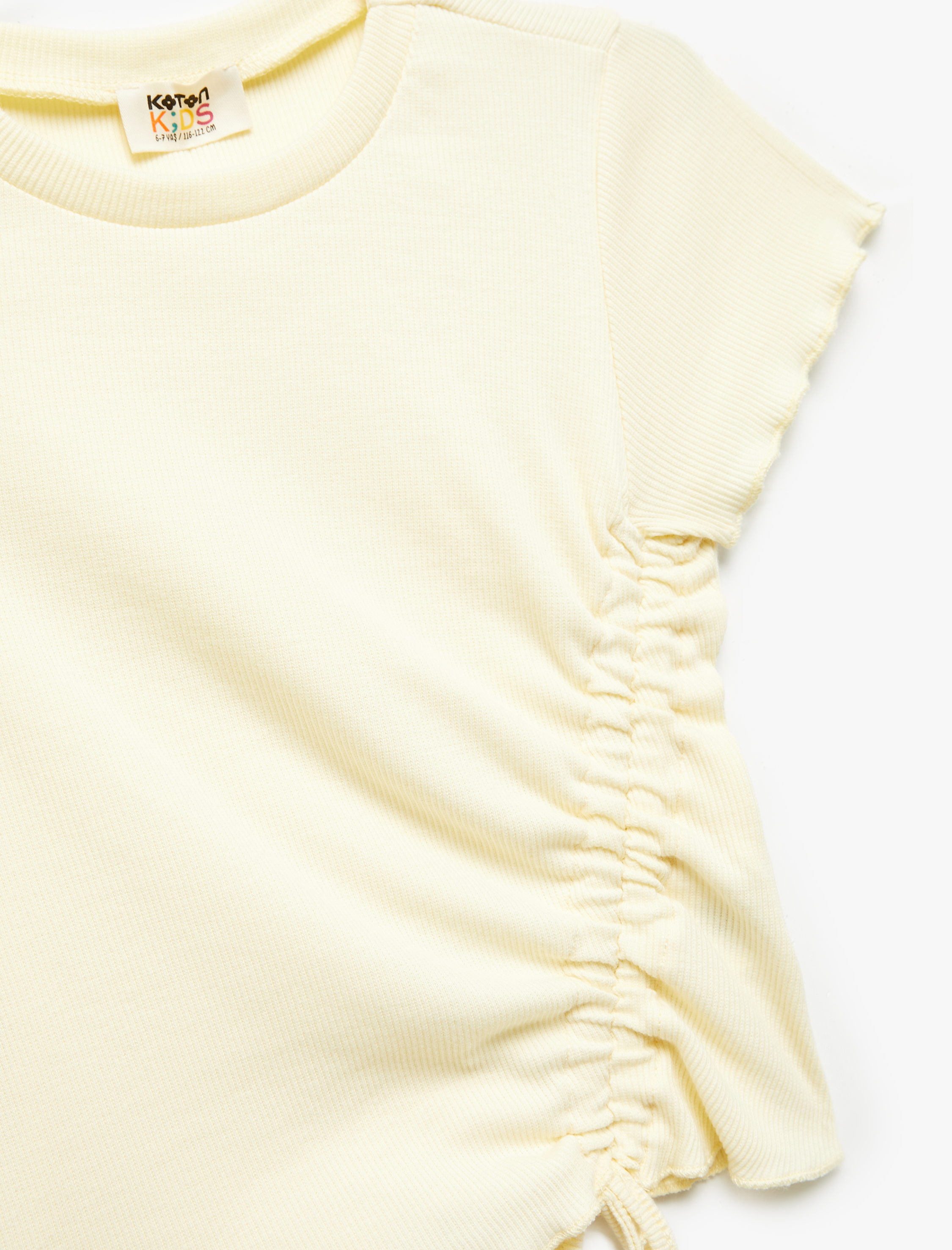  Kız Çocuk Pamuklu Büzgü Detaylı Bisiklet Yaka Kısa Kollu Crop Tişört