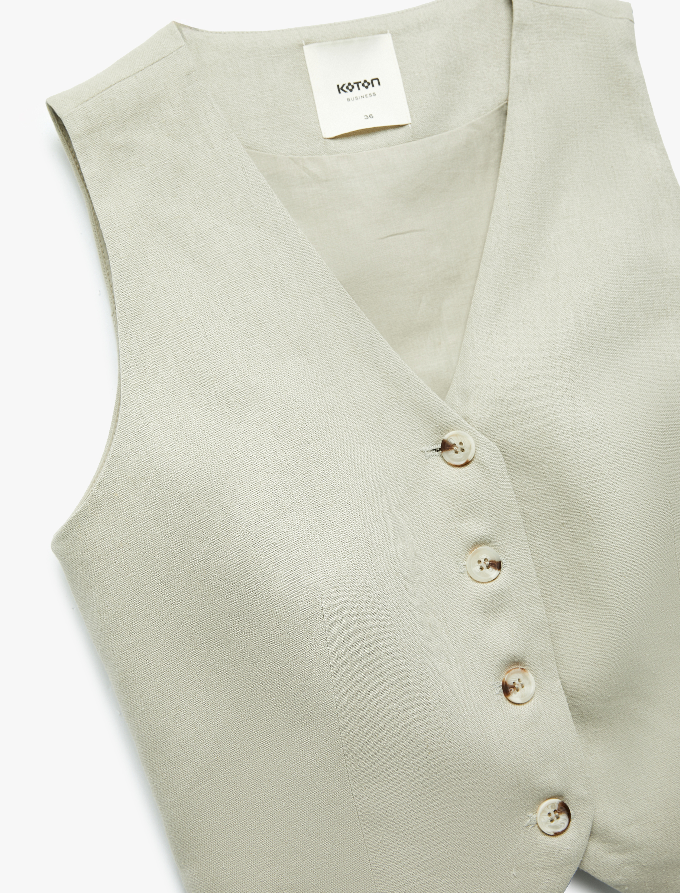 Kolsuz V Yaka Düğmeli Astarlı Keten Yelek