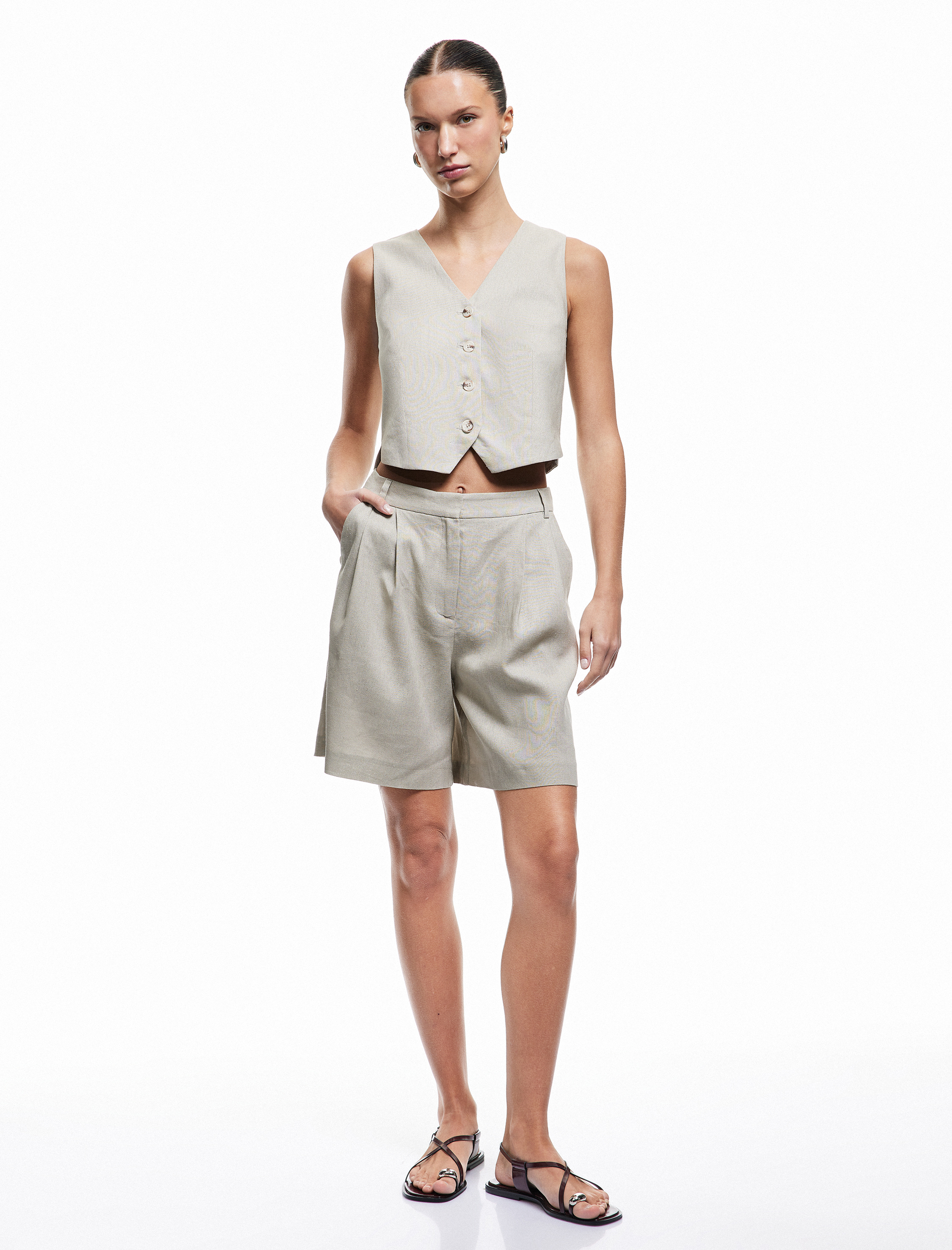 Kolsuz V Yaka Düğmeli Astarlı Keten Yelek