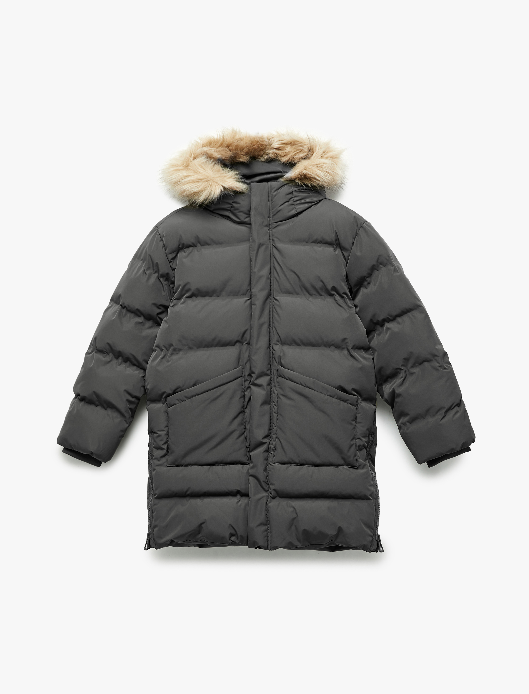  Erkek Çocuk Peluş Detaylı Uzun Kollu Fermuarlı Cepli Uzun Kapşonlu Şişme Mont