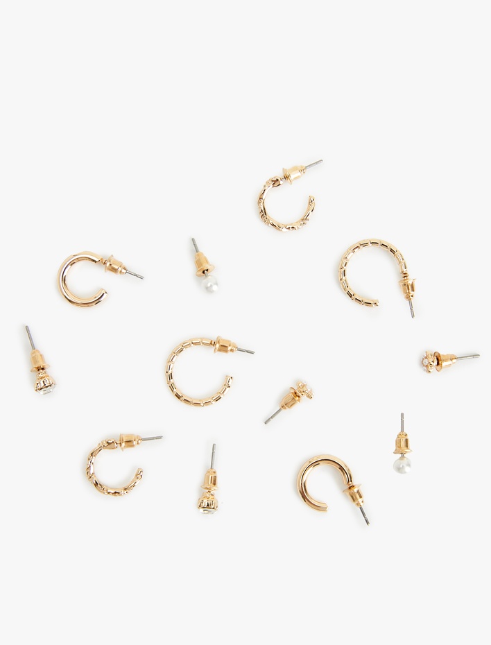 Kadın Çelik Karışımlı İnci Detaylı 6'lı Top ve Halka Küpe Seti