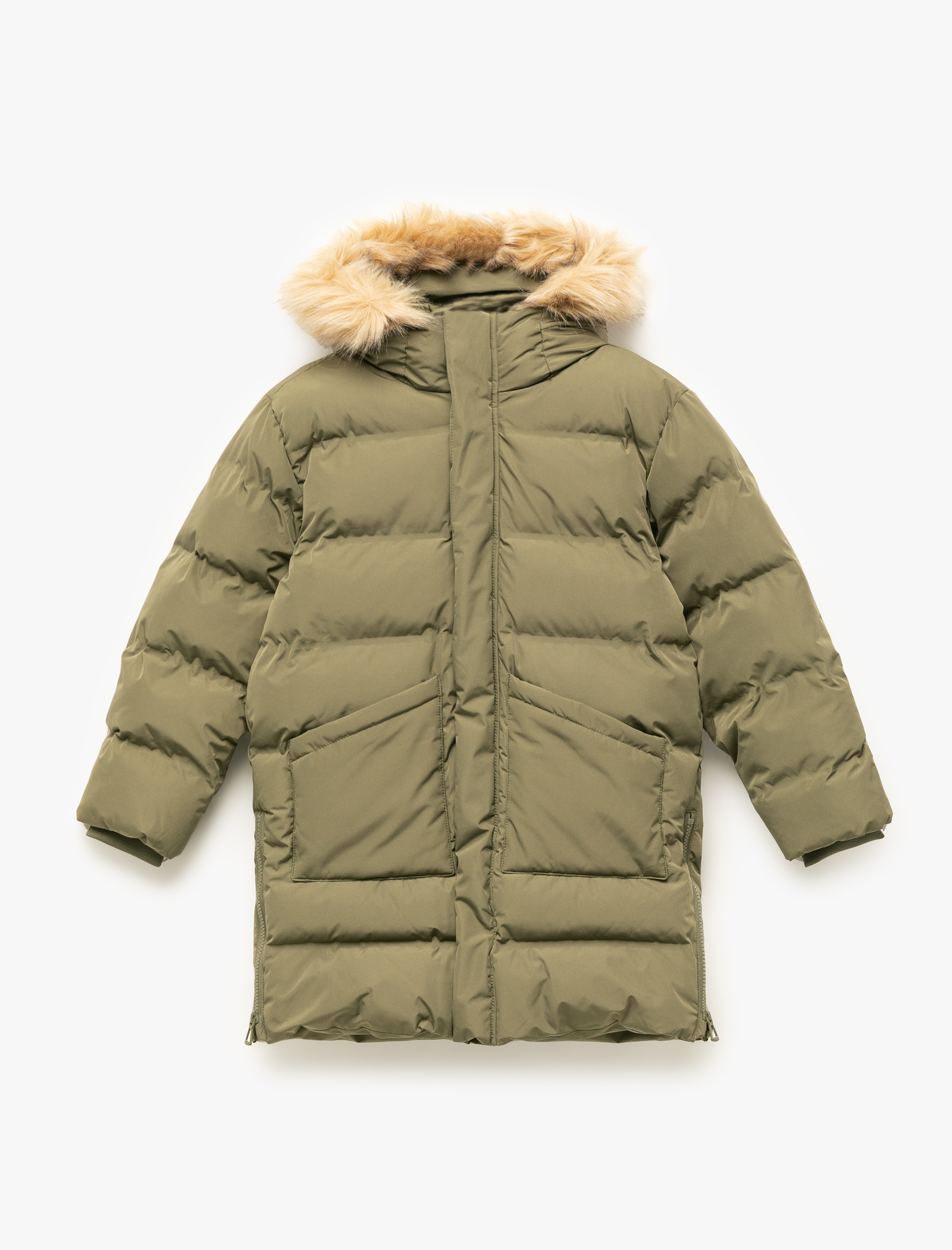  Erkek Çocuk Peluş Detaylı Uzun Kollu Fermuarlı Cepli Uzun Kapşonlu Şişme Mont