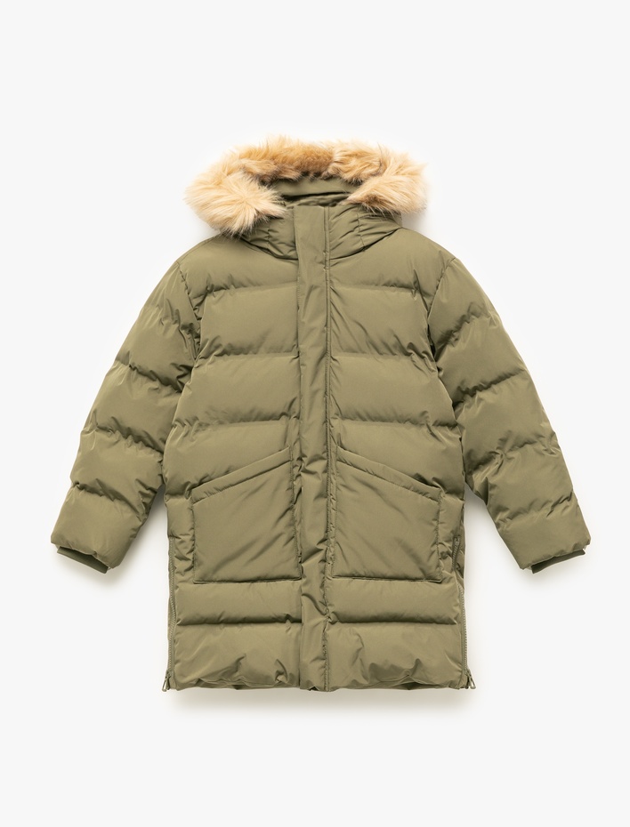 Erkek Çocuk Peluş Detaylı Uzun Kollu Fermuarlı Cepli Uzun Kapşonlu Şişme Mont