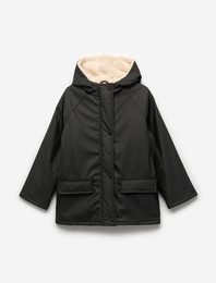 Uzun Kollu Peluş Detaylı Kapşonlu Yağmurluk
