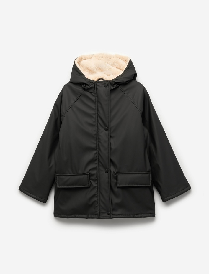 Kız Çocuk Uzun Kollu Peluş Detaylı Kapşonlu Yağmurluk