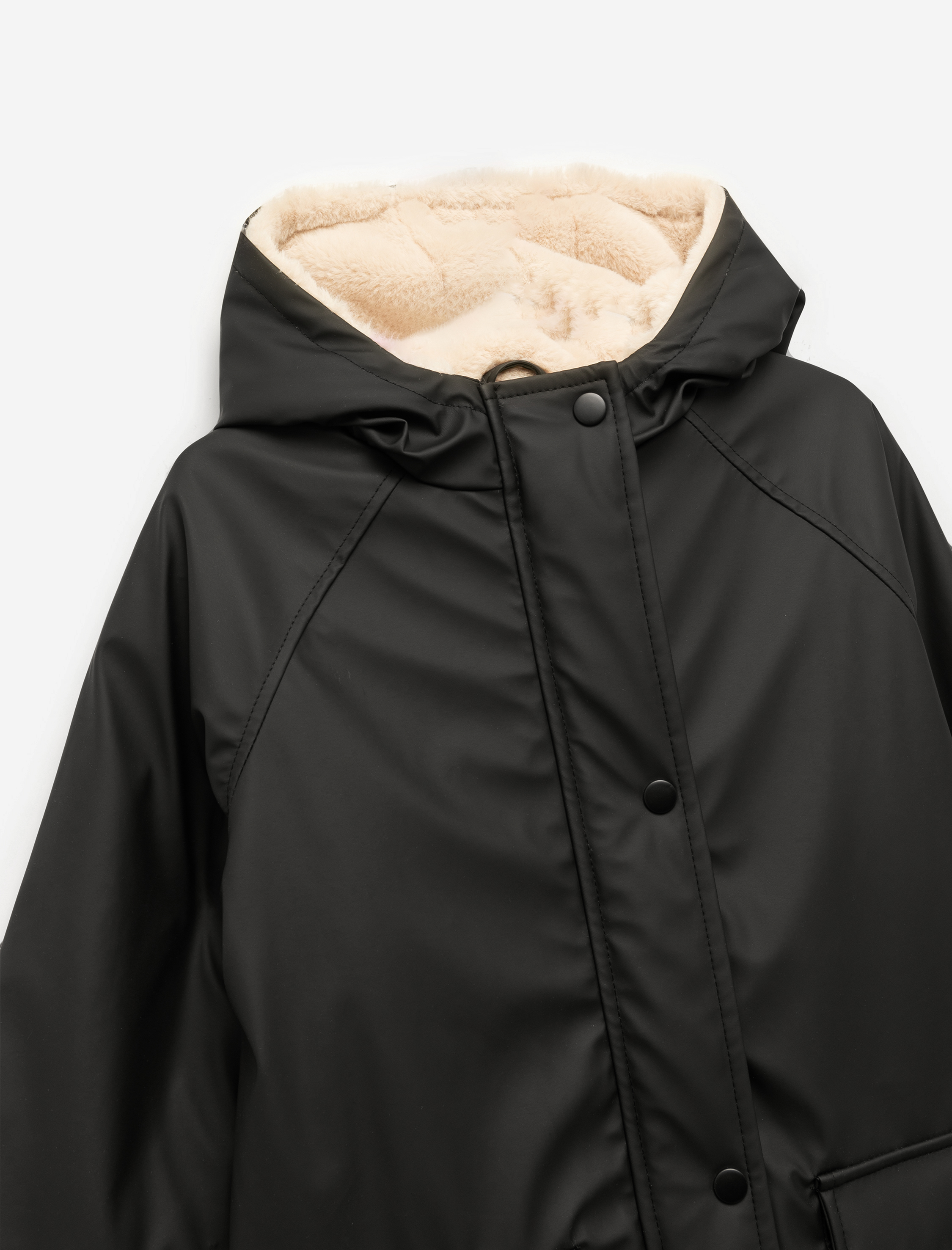  Kız Çocuk Uzun Kollu Peluş Detaylı Kapşonlu Yağmurluk