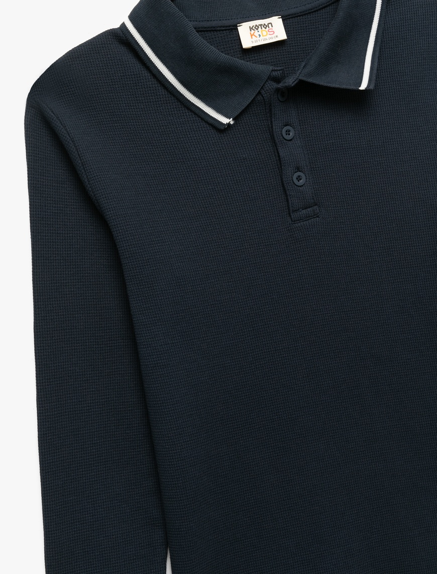  Erkek Çocuk Pamuklu Düğmeli Uzun Kollu Polo Yaka Basic Tişört