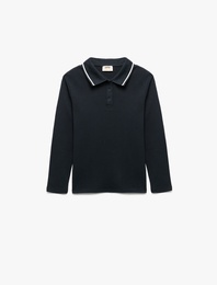 Pamuklu Düğmeli Uzun Kollu Polo Yaka Basic Tişört