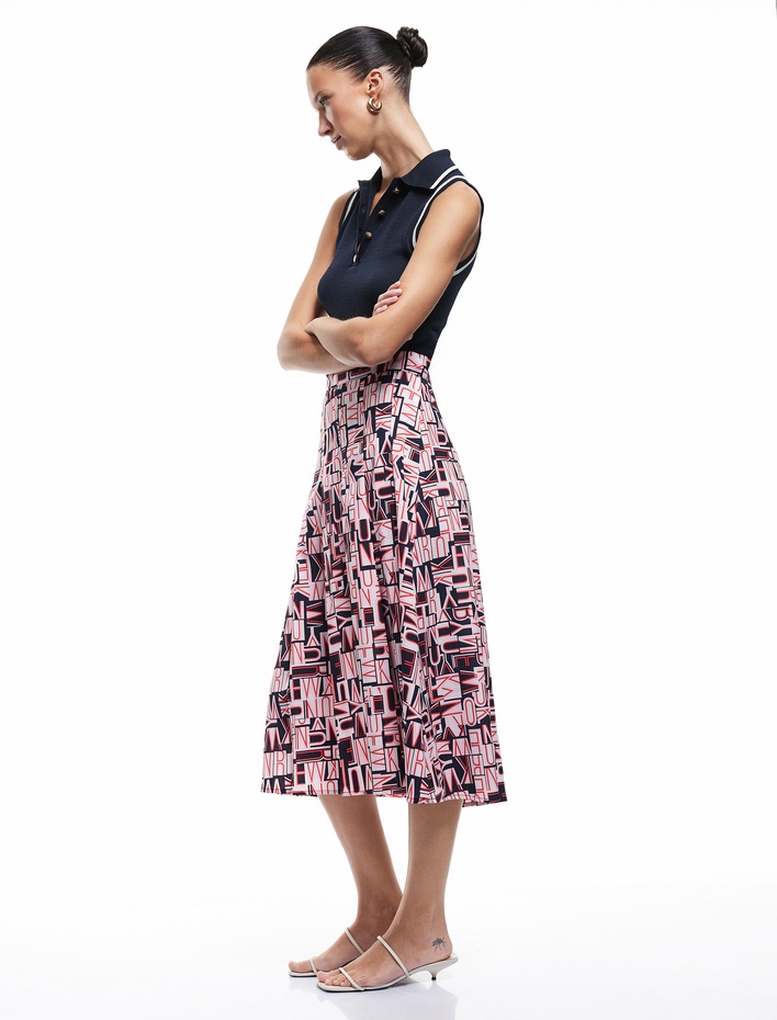  Standart Bel Krep Kumaş Desenli Midi Kloş Etek