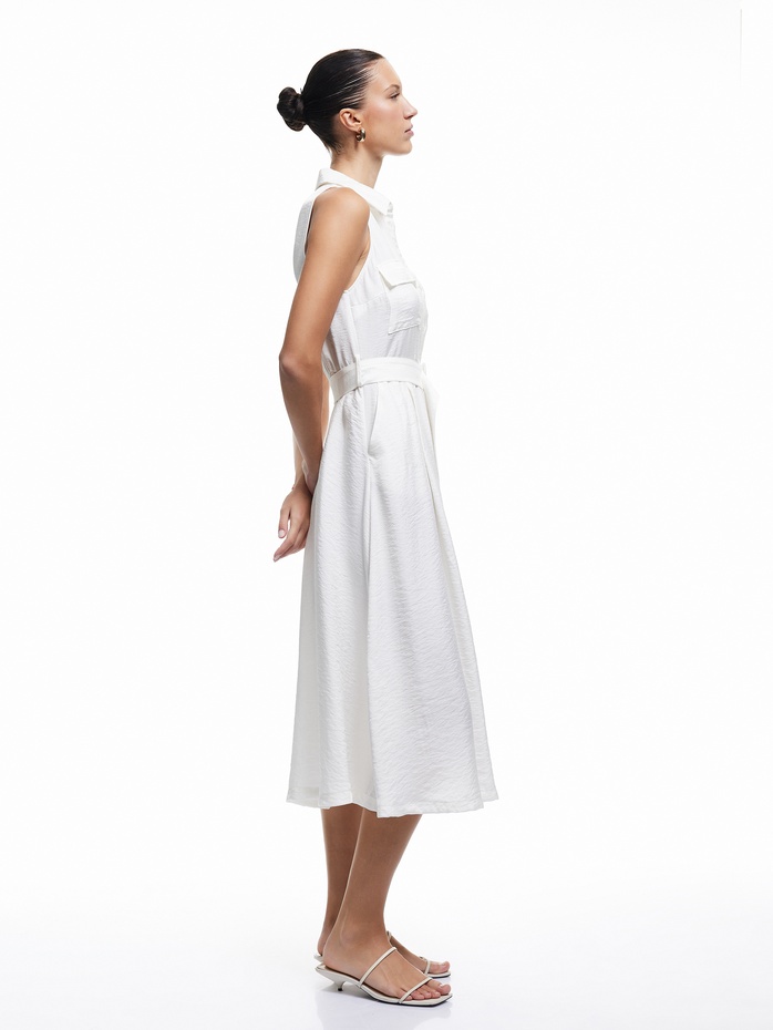  Modal Kumaş Kolsuz Düğmeli Cepli Kemer Detaylı Dokulu Uzun Gömlek Elbise