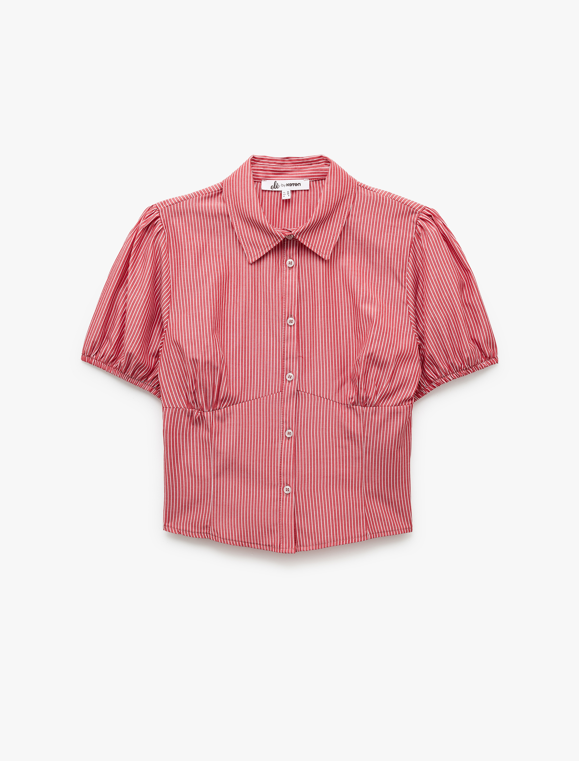   Klasik Yaka Düğmeli Dar Kesim Kısa Balon Kol Çizgili Gömlek