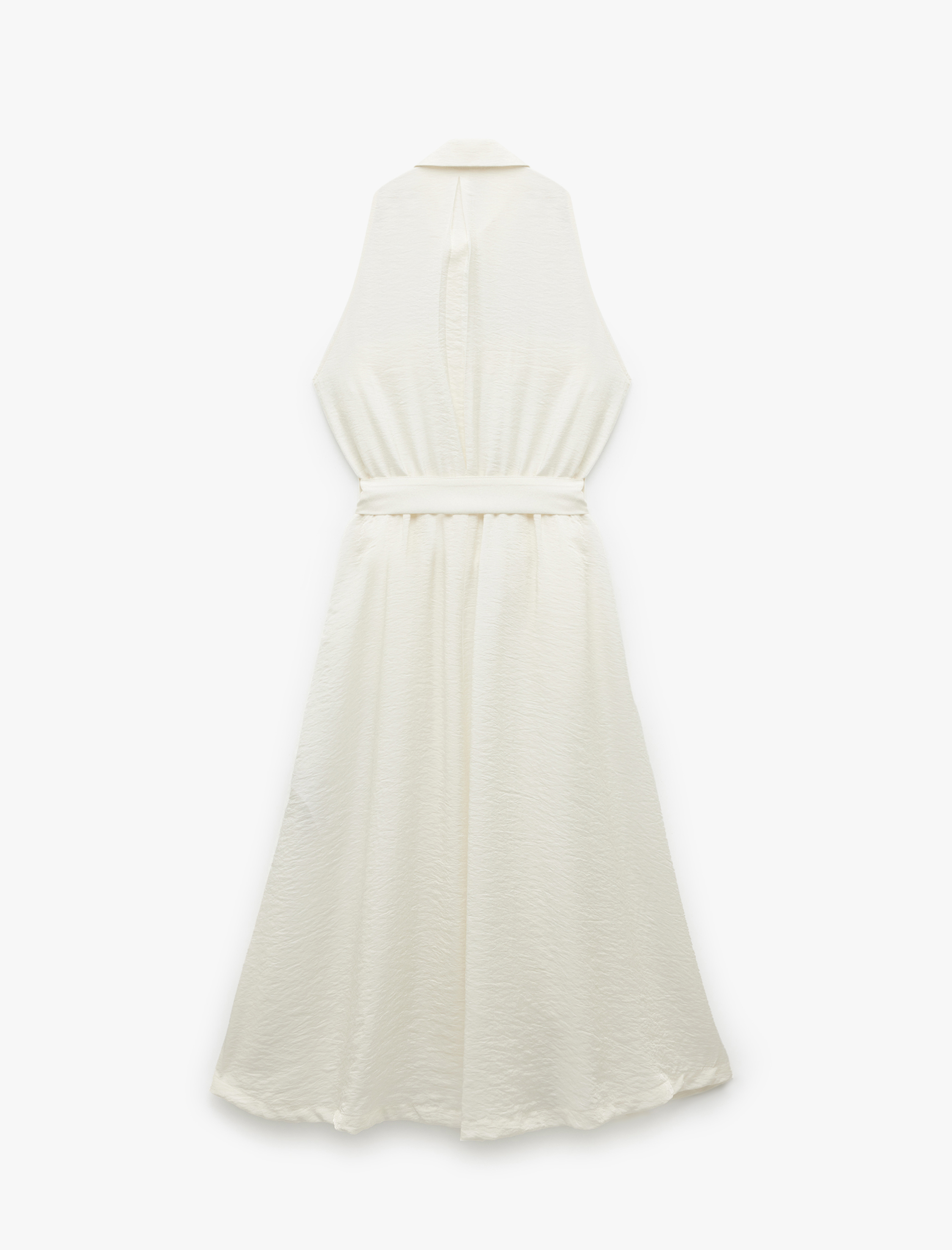   Modal Kumaş Kolsuz Düğmeli Cepli Kemer Detaylı Dokulu Uzun Gömlek Elbise