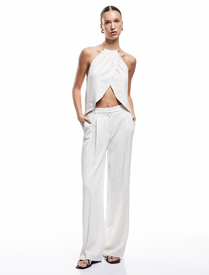  Kolsuz Keten Karışımlı Kruvaze Halter Yaka Bluz