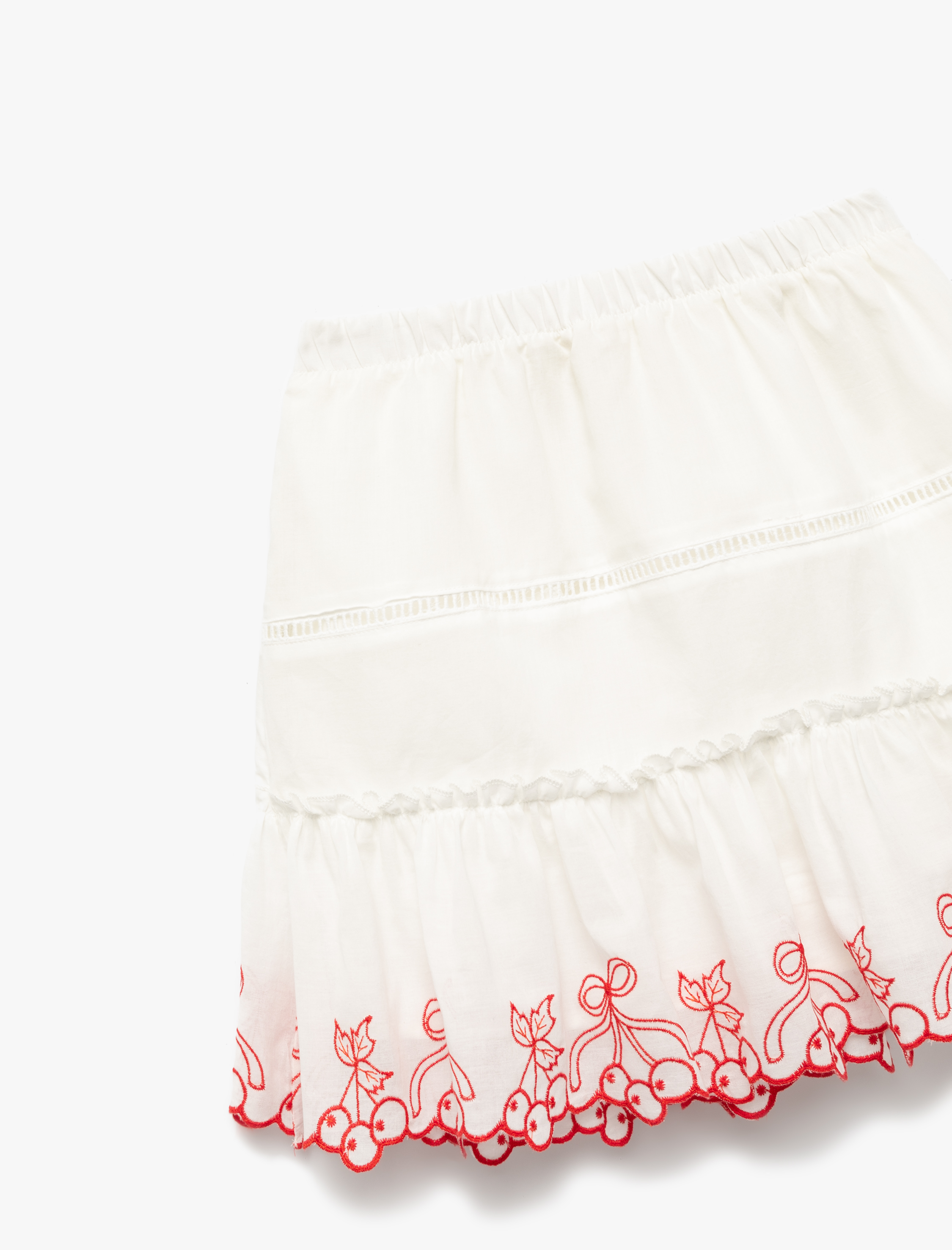  Kız Çocuk Pamuklu Beli Lastikli Kiraz Desenli Nakış Detaylı Etek