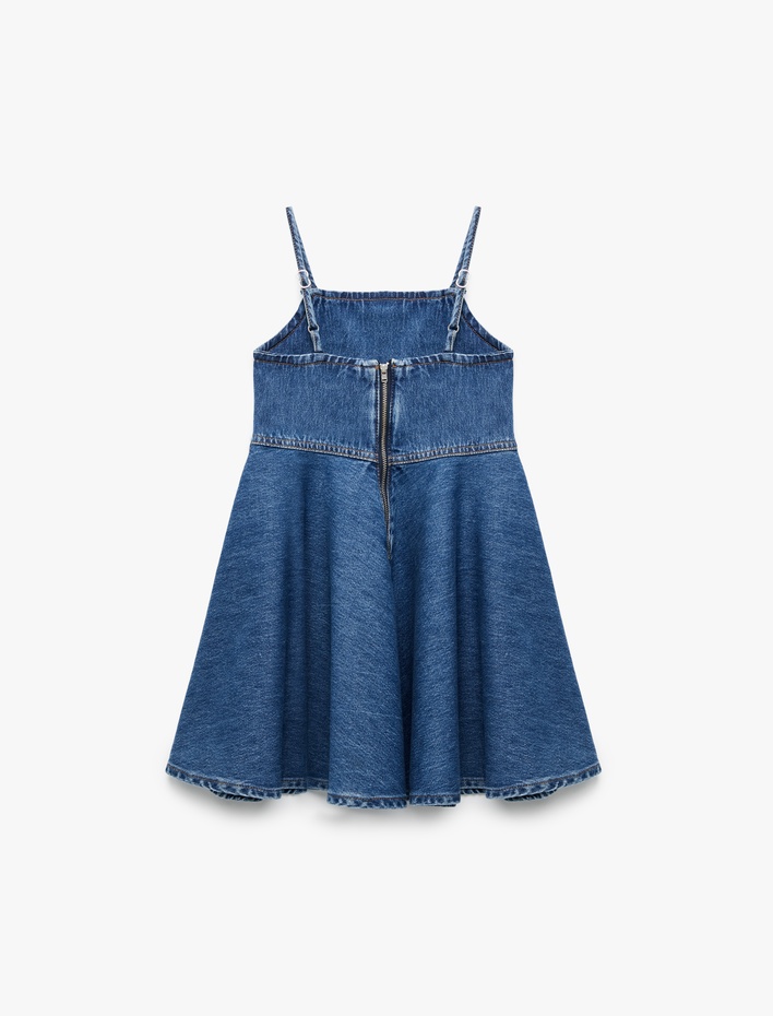 Kız Çocuk Pamuklu Pileli İnce Askılı Denim Elbise
