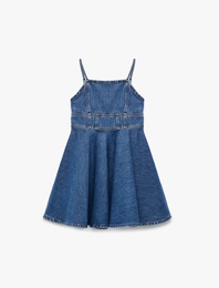 Pamuklu Pileli İnce Askılı Denim Elbise