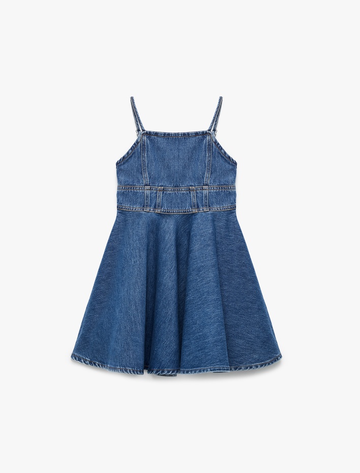 Kız Çocuk Pamuklu Pileli İnce Askılı Denim Elbise