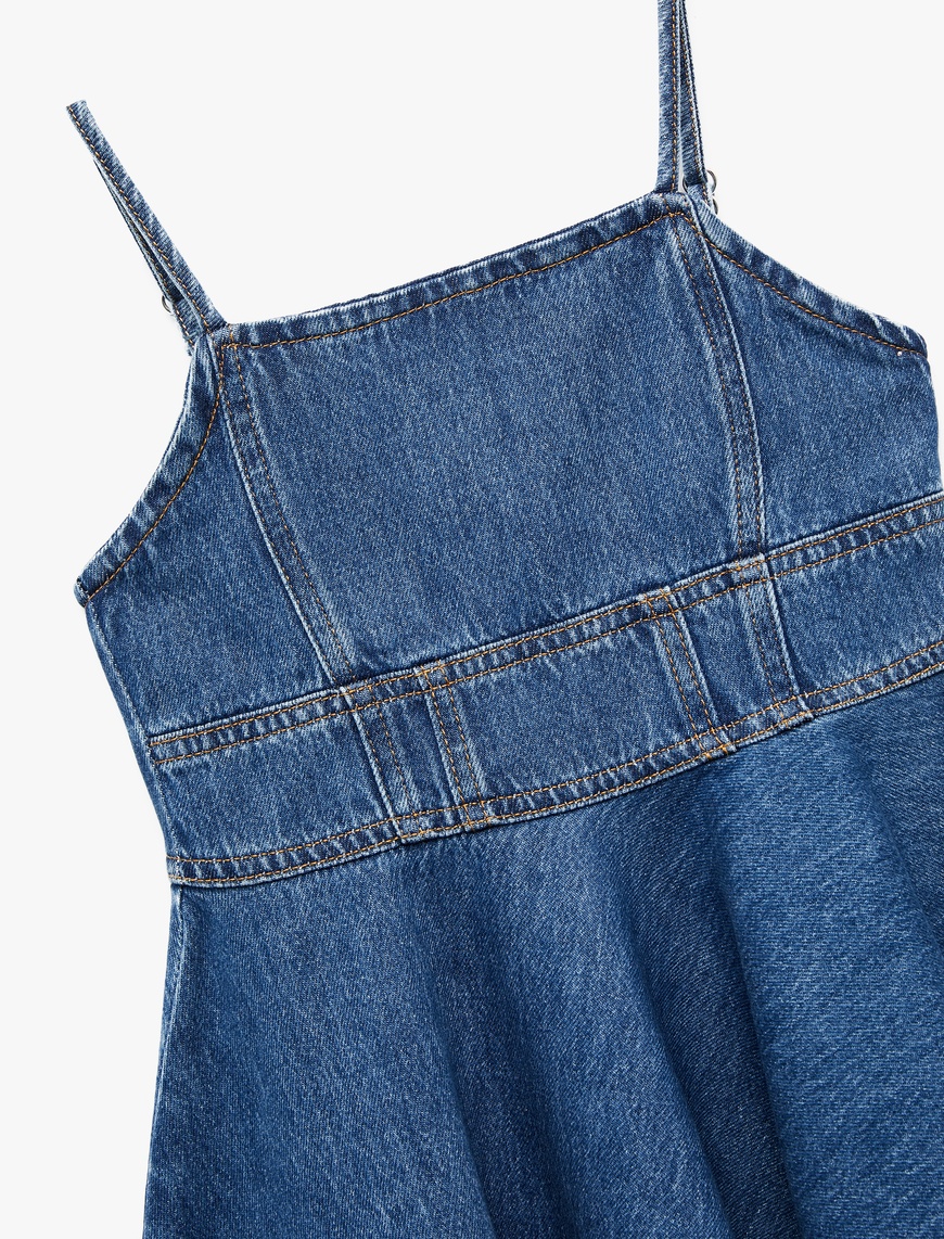  Kız Çocuk Pamuklu Pileli İnce Askılı Denim Elbise