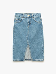 Pamuklu Cepli Yırtmaç Detaylı Denim Etek