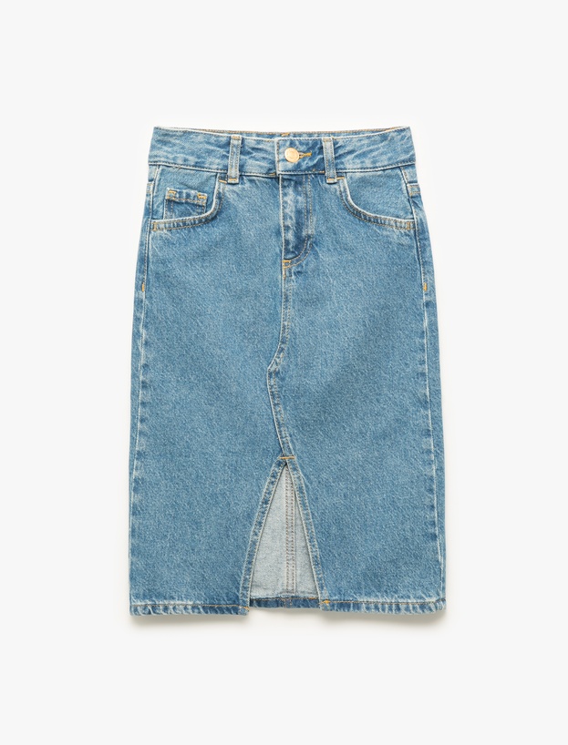 Pamuklu Cepli Yırtmaç Detaylı Denim Etek_0