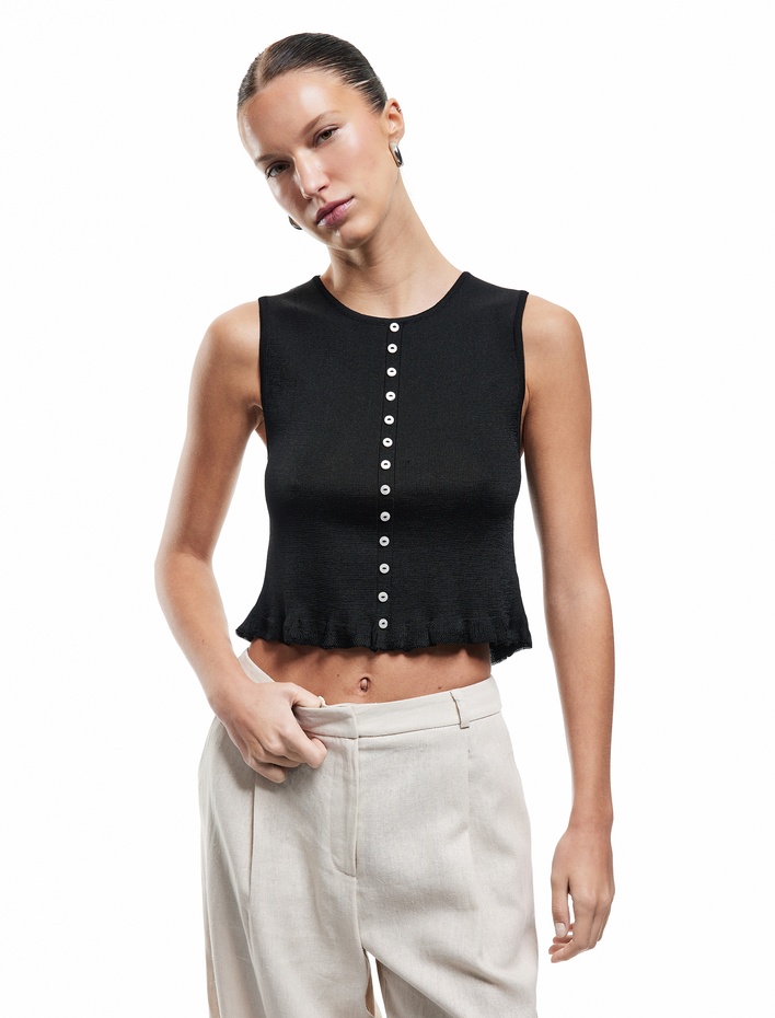  Düğme Aksesuar Detaylı Kolsuz Bisiklet Yaka Triko Bluz