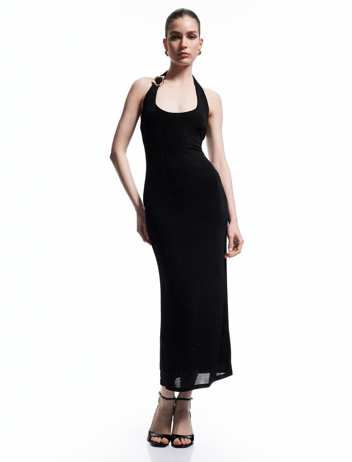  Koton X Sibil Çetinkaya - Kolsuz Simli Dar Kesim Metal Aksesuarlı Uzun Abiye Elbise