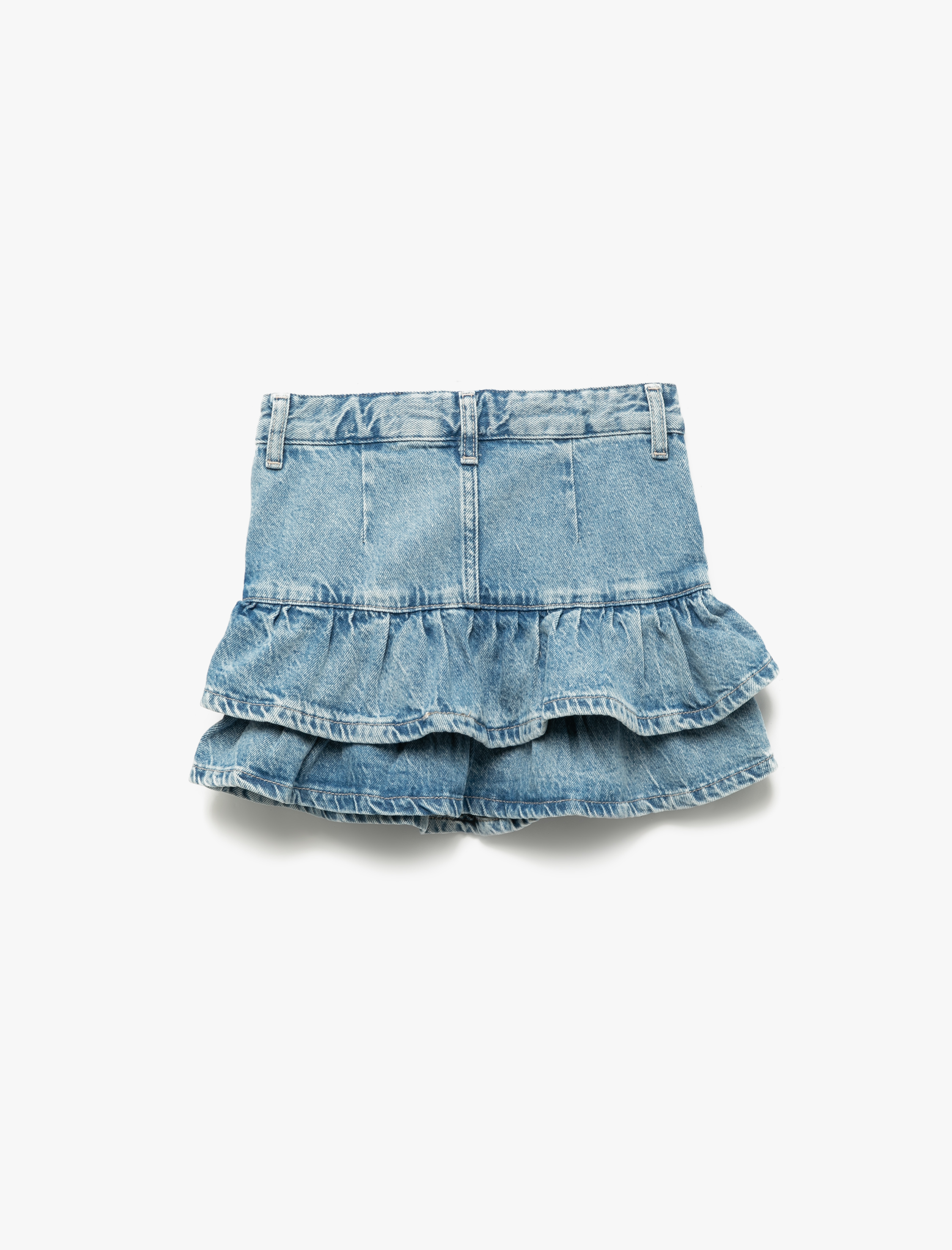  Kız Çocuk Pamuklu Fırfır Detaylı Katlı Cepli Mini Denim Etek