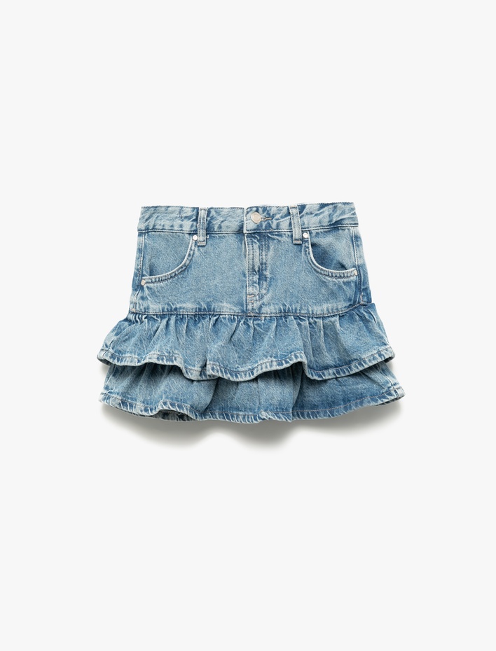 Kız Çocuk Pamuklu Fırfır Detaylı Katlı Cepli Mini Denim Etek