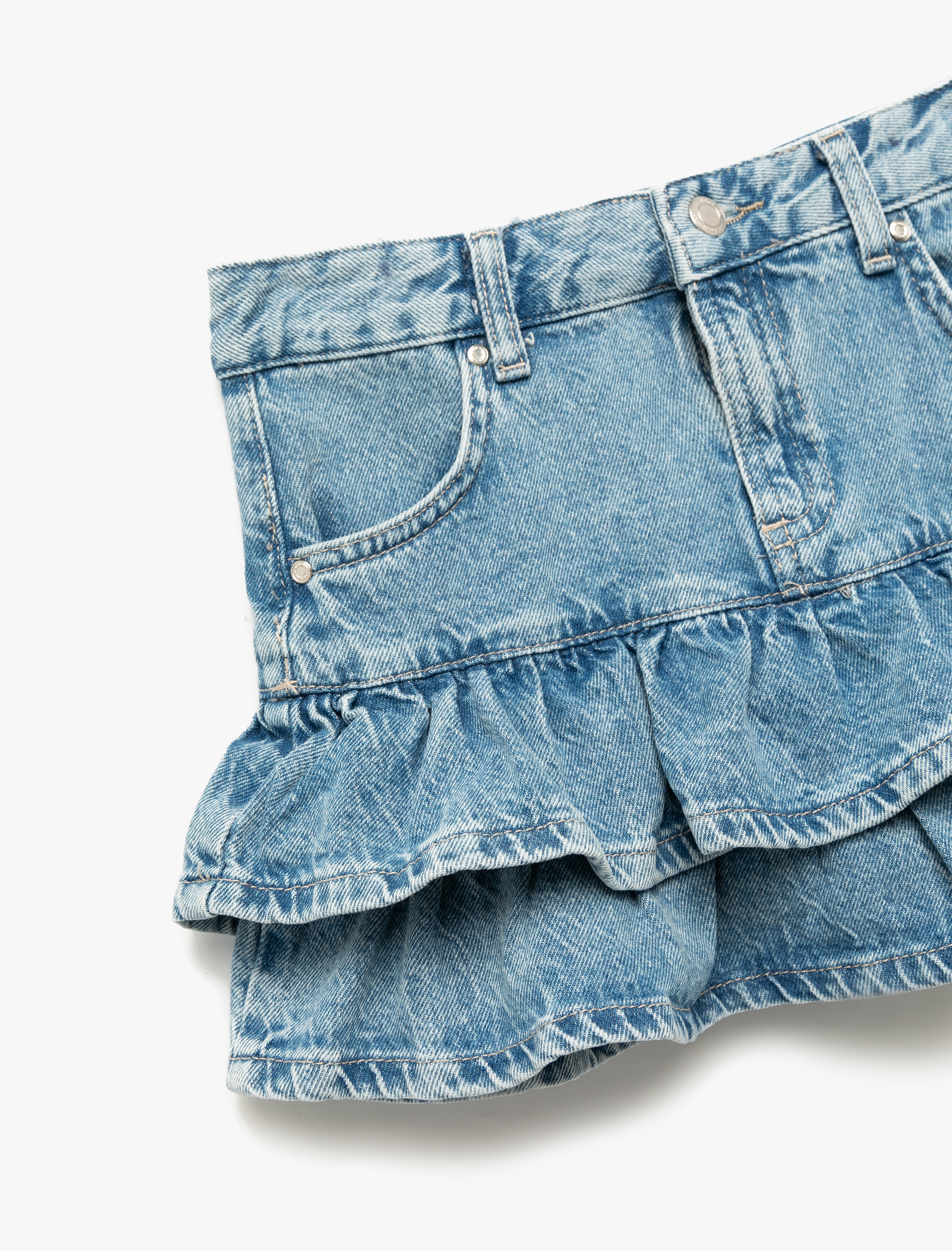  Kız Çocuk Pamuklu Fırfır Detaylı Katlı Cepli Mini Denim Etek