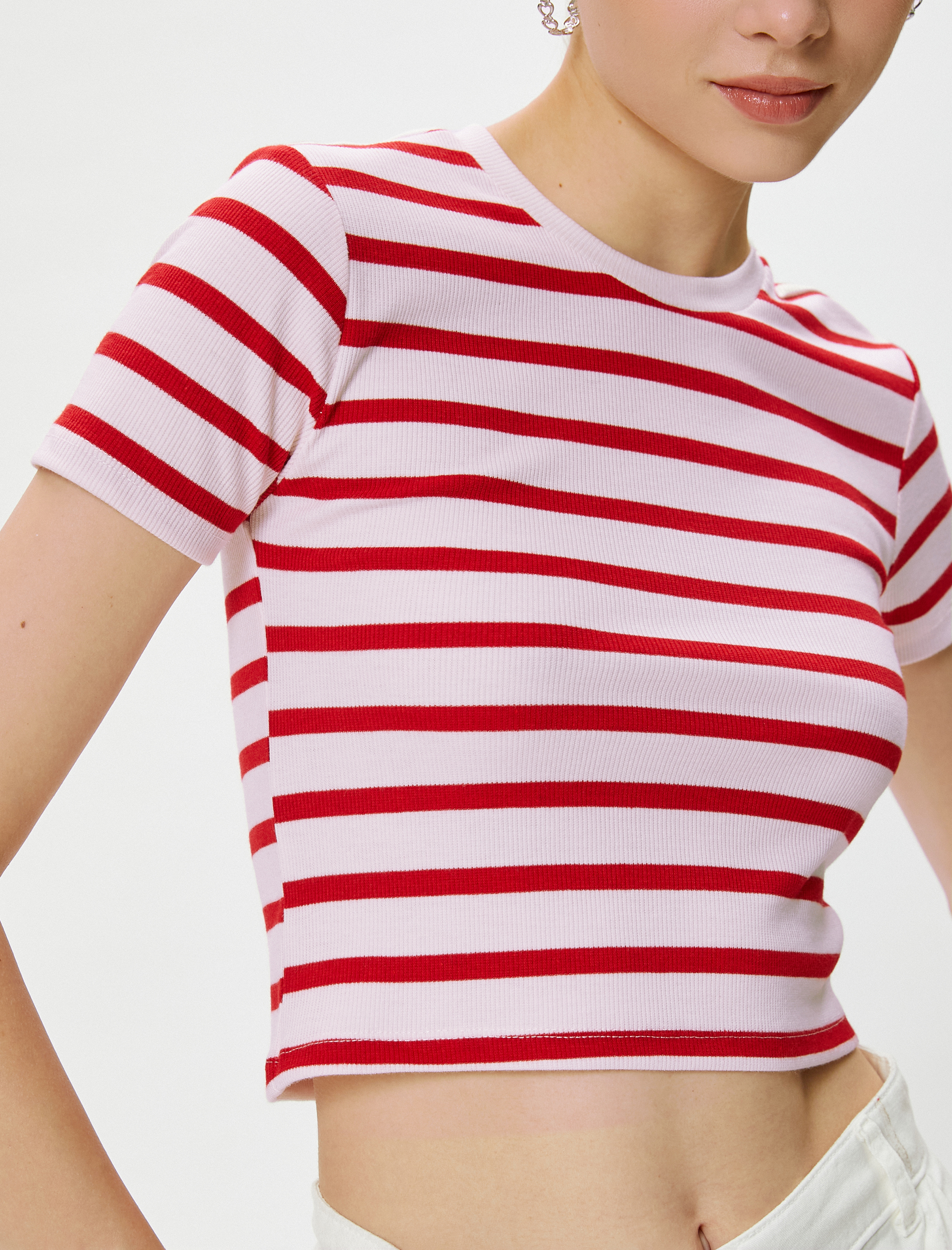   Crop Tişört Kısa Kollu Bisiklet Yaka Viskon Kumaş Karışımlı