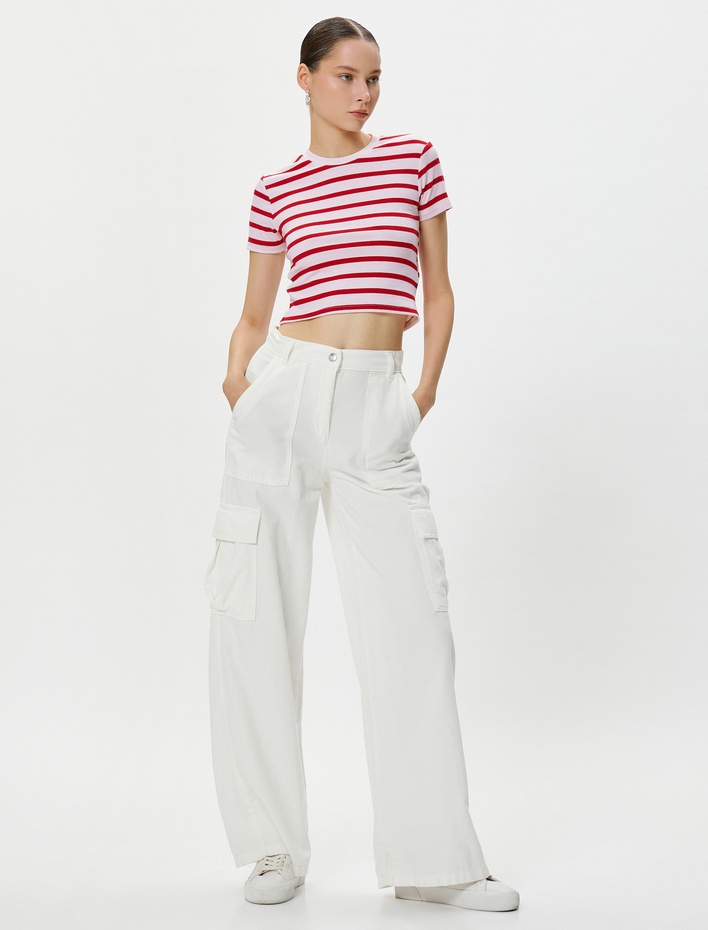  Crop Tişört Kısa Kollu Bisiklet Yaka Viskon Kumaş Karışımlı