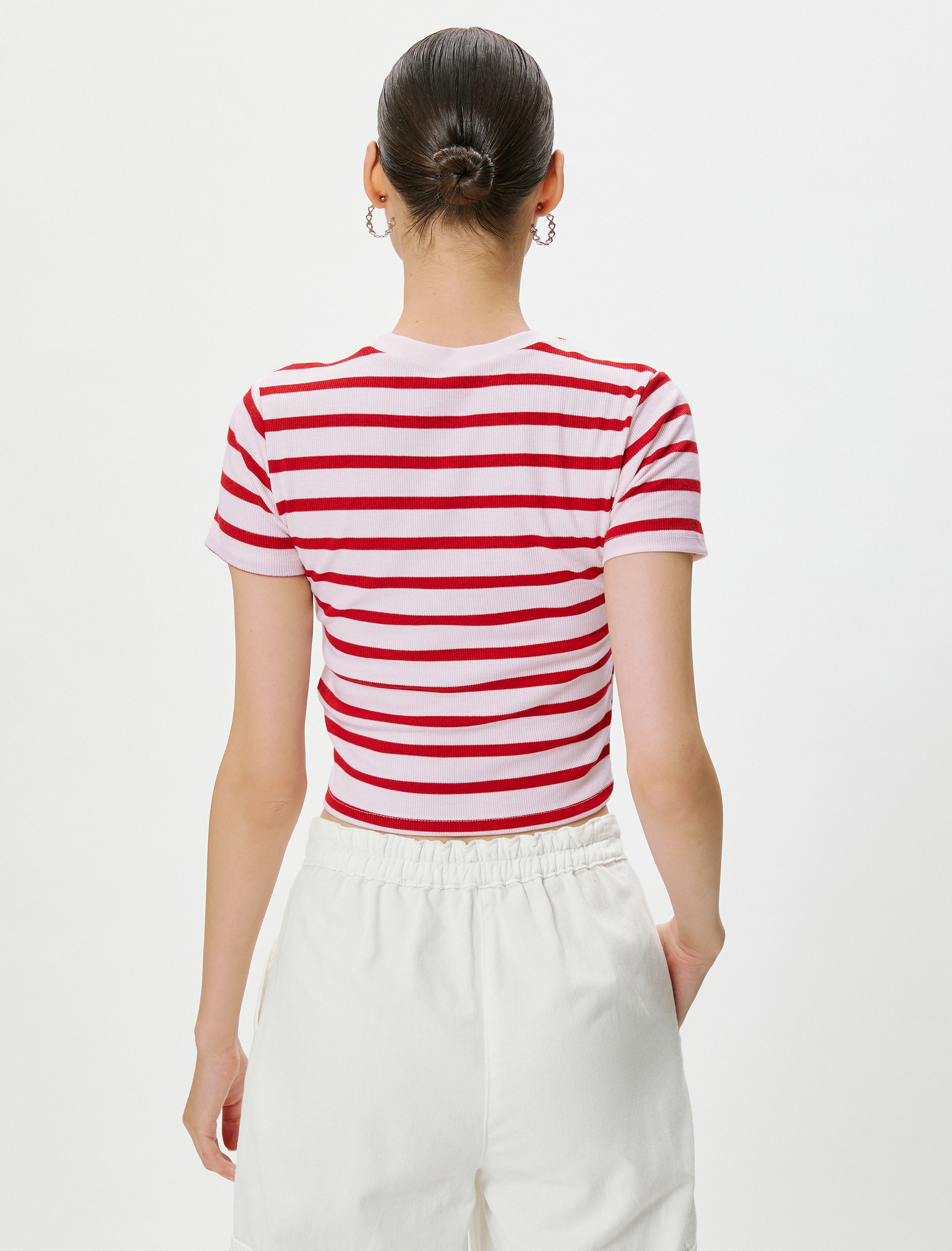   Crop Tişört Kısa Kollu Bisiklet Yaka Viskon Kumaş Karışımlı