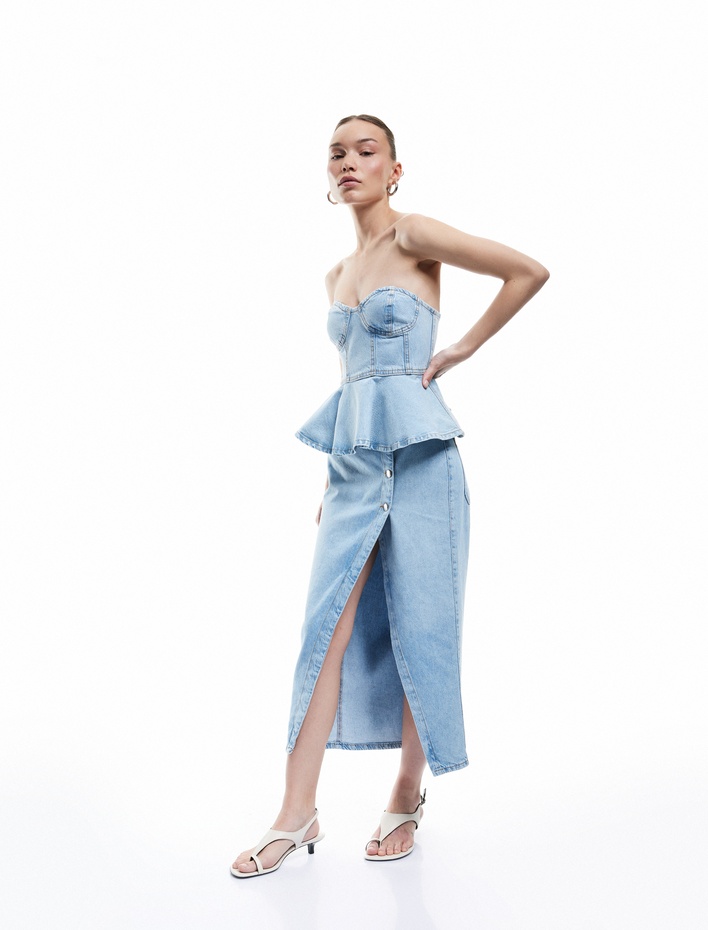  Düğme Detaylı Yırtmaçlı Normal Bel Slim Fit Midi Denim Kalem Etek