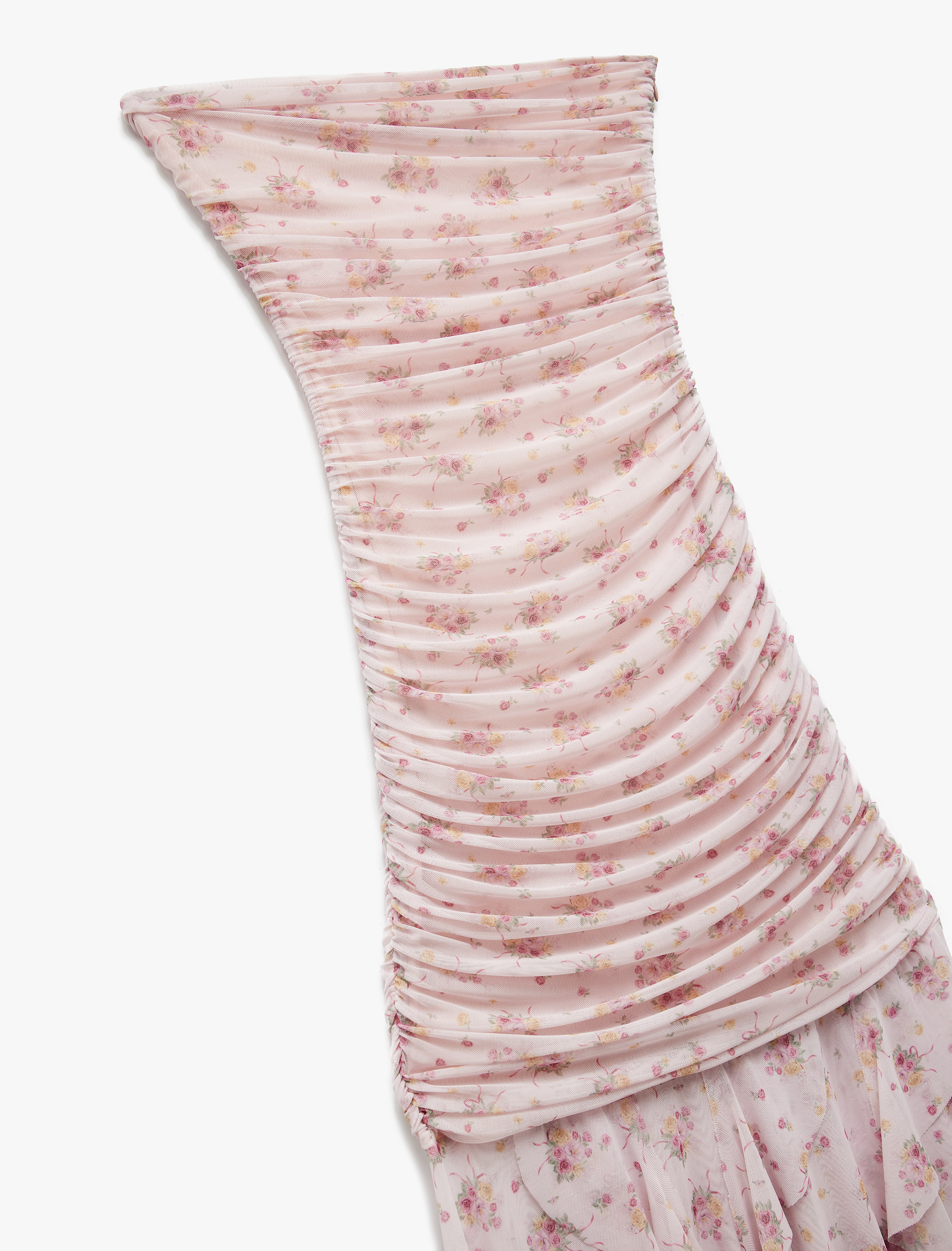   Koton X Sibil Çetinkaya - Slim Fit Fırfır Detaylı Asimetrik Tül Midi Çiçekli Straplez Elbise