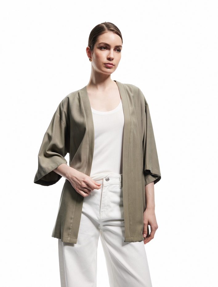  Gizli Cepli Viskon 3/4 Kol Oversize Kimono