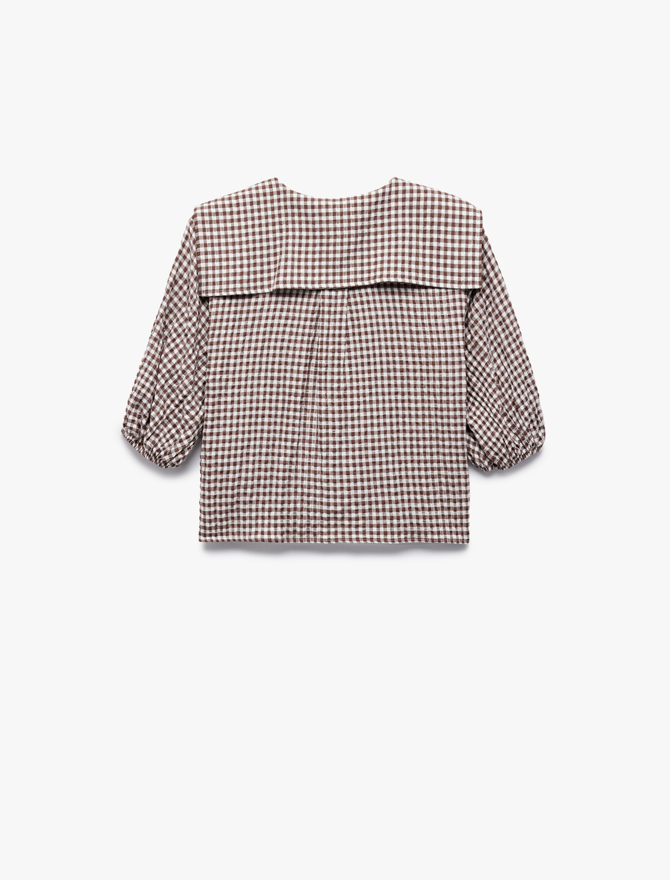   Gömlek Yaka Yarım Balon Kollu Bağcıklı Fiyonk Detaylı Pötikareli Crop Bluz