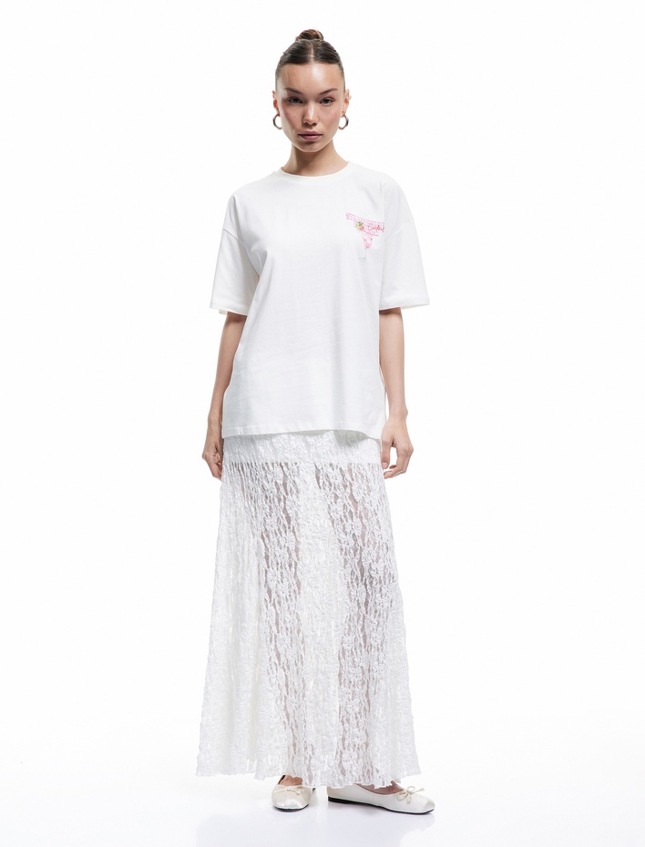  Kısa Kollu Bisiklet Yaka Pamuklu Arkası Çilek Baskılı Oversize Tişört