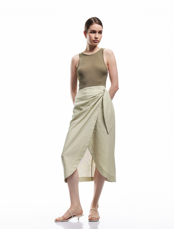  Yandan Bağlamalı Kruvaze Midi Sarong Keten Etek