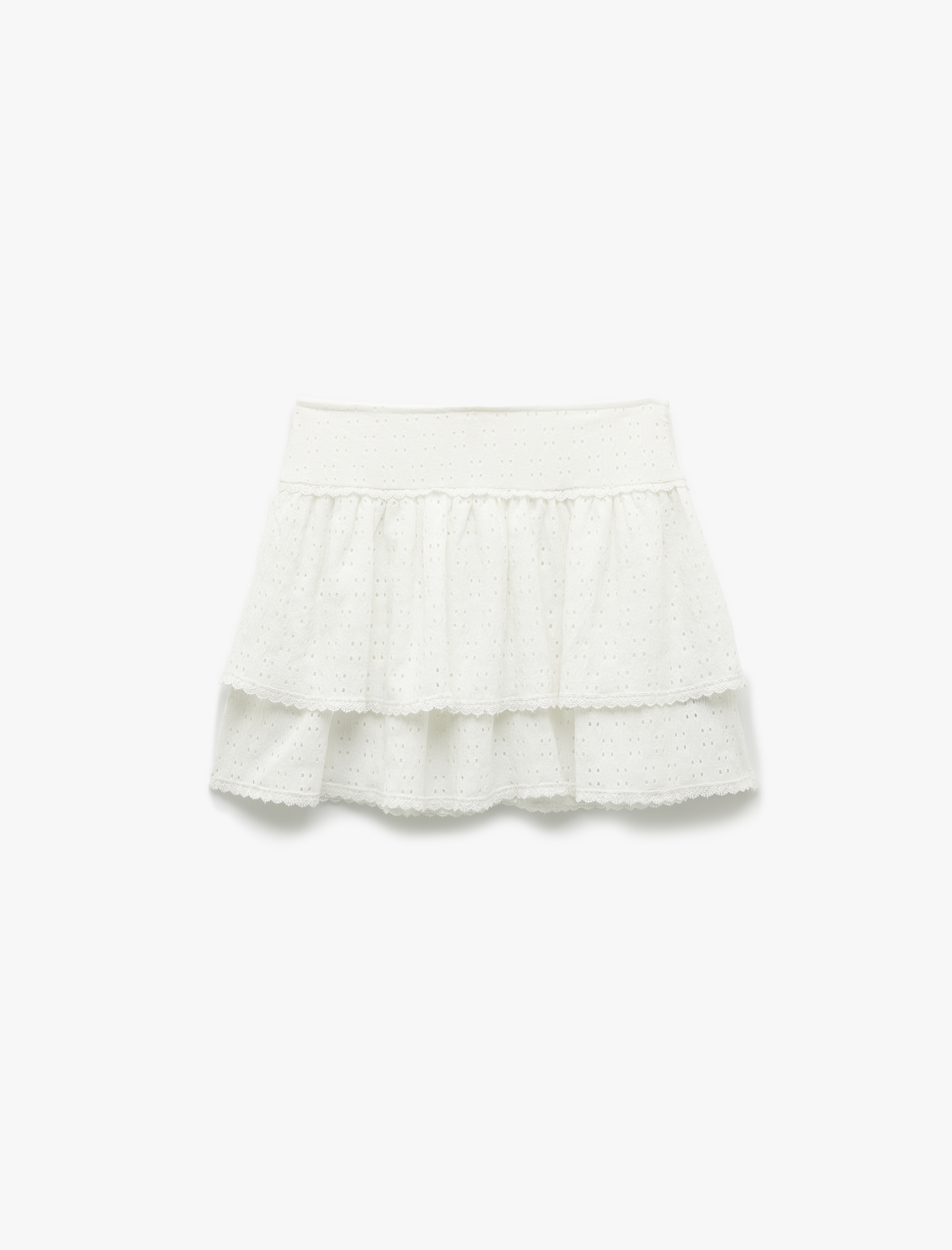   Gipe Detaylı Kat Kat Fistolu Brodeli Mini Etek