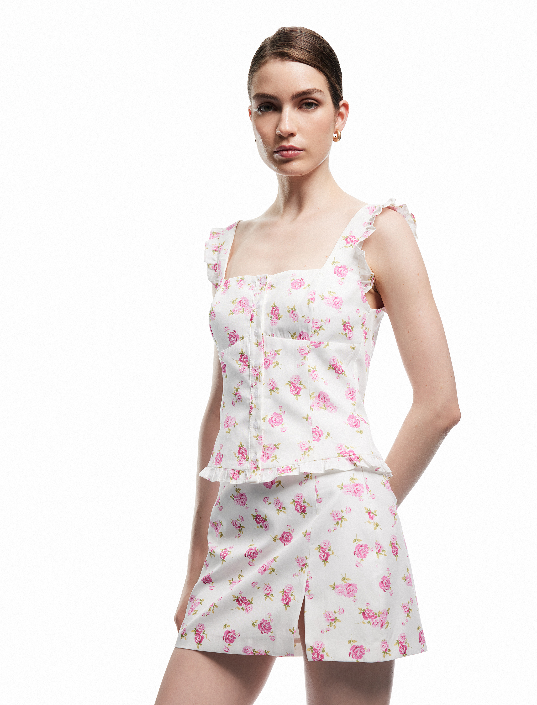   Standart Bel Pamuklu Yırtmaç Detaylı A Kesim Poplin Çiçekli Mini Etek